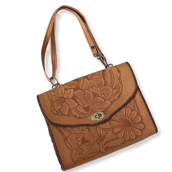 Vintage Handbags - Vintage Floral Stamped Leather Envelope Purse